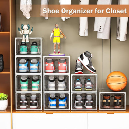 Caktraie Shoe Organizer - 10 Pack Stackable Storage Boxes with Magnetic Doors | White Sneaker Display