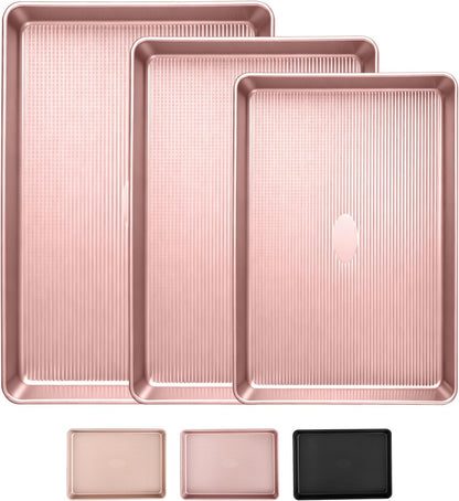 Sakerplus Nonstick Baking Sheet Pan Set - Heavy Duty Cookie Sheets, Rust-Resistant & Easy Clean | 3 Sizes in Pink