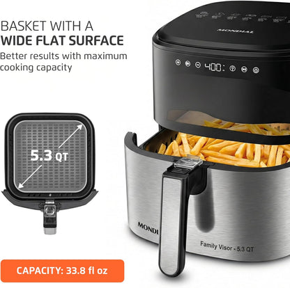 Mondial Air Fryer - Digital 5.3QT Capacity with High Power & Elegant Stainless Steel Finish - Black/Inox
