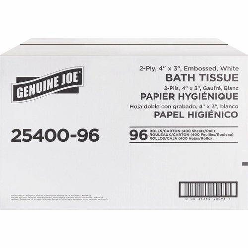 Genuine Joe Standard Bath Tissue, 3" x 4", 2-Ply, 400 Sheets/Roll, 96 Count