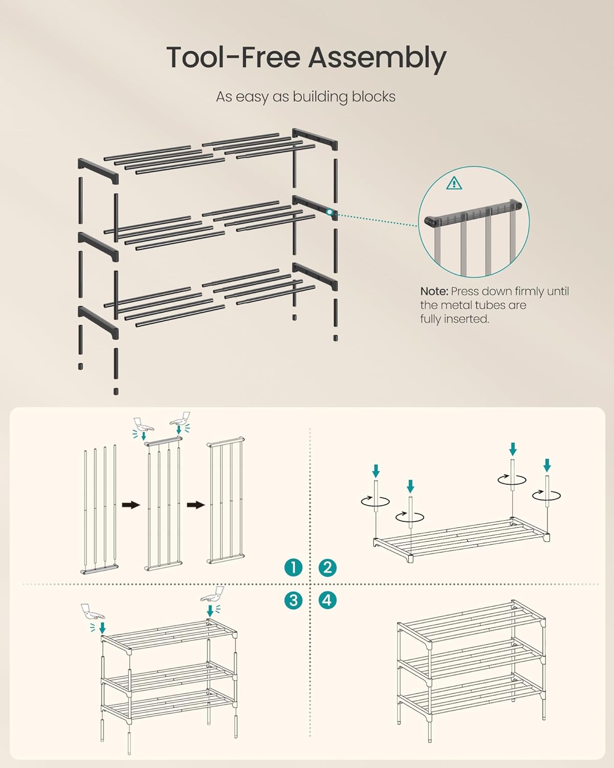 SONGMICS 3-Tier Shoe Rack - Compact Metal Organizer for Entryway & Bedroom | Stackable, Black, 11.8 x 24.5 x 19.1 Inches