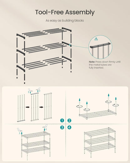 SONGMICS 3-Tier Shoe Rack - Compact Metal Organizer for Entryway & Bedroom | Stackable, Black, 11.8 x 24.5 x 19.1 Inches