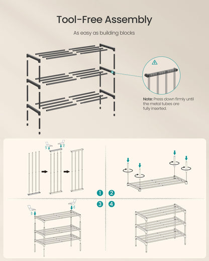 SONGMICS 3-Tier Shoe Rack for Closet, Compact Metal Shoe Organizer Shelf for Entryway, Bedroom, Small Spaces, Stackable, 11.8 x 24.5 x 19.1 Inches, Black ULSA123BH01