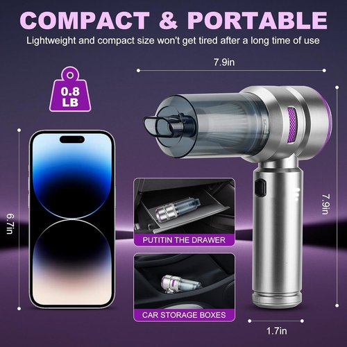 Handheld Car Vacuum - 18000PA High Power Cordless with 4-in-1 Air Duster & Rechargeable Mini Vacuum | Silver Grey & Purple