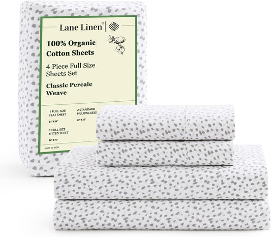 Skiennix 100% Organic Cotton Full Sheets Set - Ultra Soft, Breathable, GOTS Certified, White with Grey Dots, 4-Piece, Fits Mattresses Up to 15" Deep