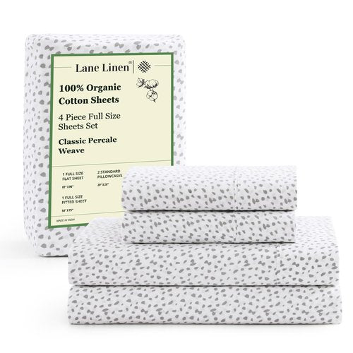 100% Organic Cotton White (Grey Dot) Full-Sheets Set, 4-Piece Long Staple Percale Weave Ultra Soft Best Bedding Sheets for Bed, Breathable, GOTS Certified, Fits Mattress Upto 15inch Deep