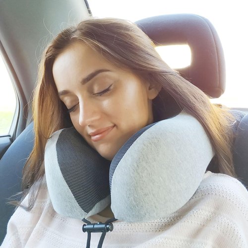 napfun Neck Pillow for Travel with Travel Pouch, Sleep Mask & Earplugs, Memory Foam Airplane Pillow for Headrest Sleep with Eyeshades, Plane Essentials with Eye Blindfold, Light Gray Kit