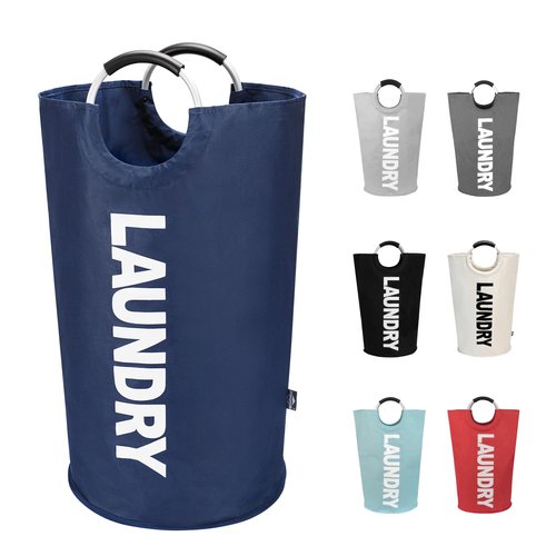 DOKEHOM 95L Large Laundry Basket, Collapsible Laundry Bag, Freestanding Tall Clothes Hamper, Foldable Washing Bin (Dark Blue)
