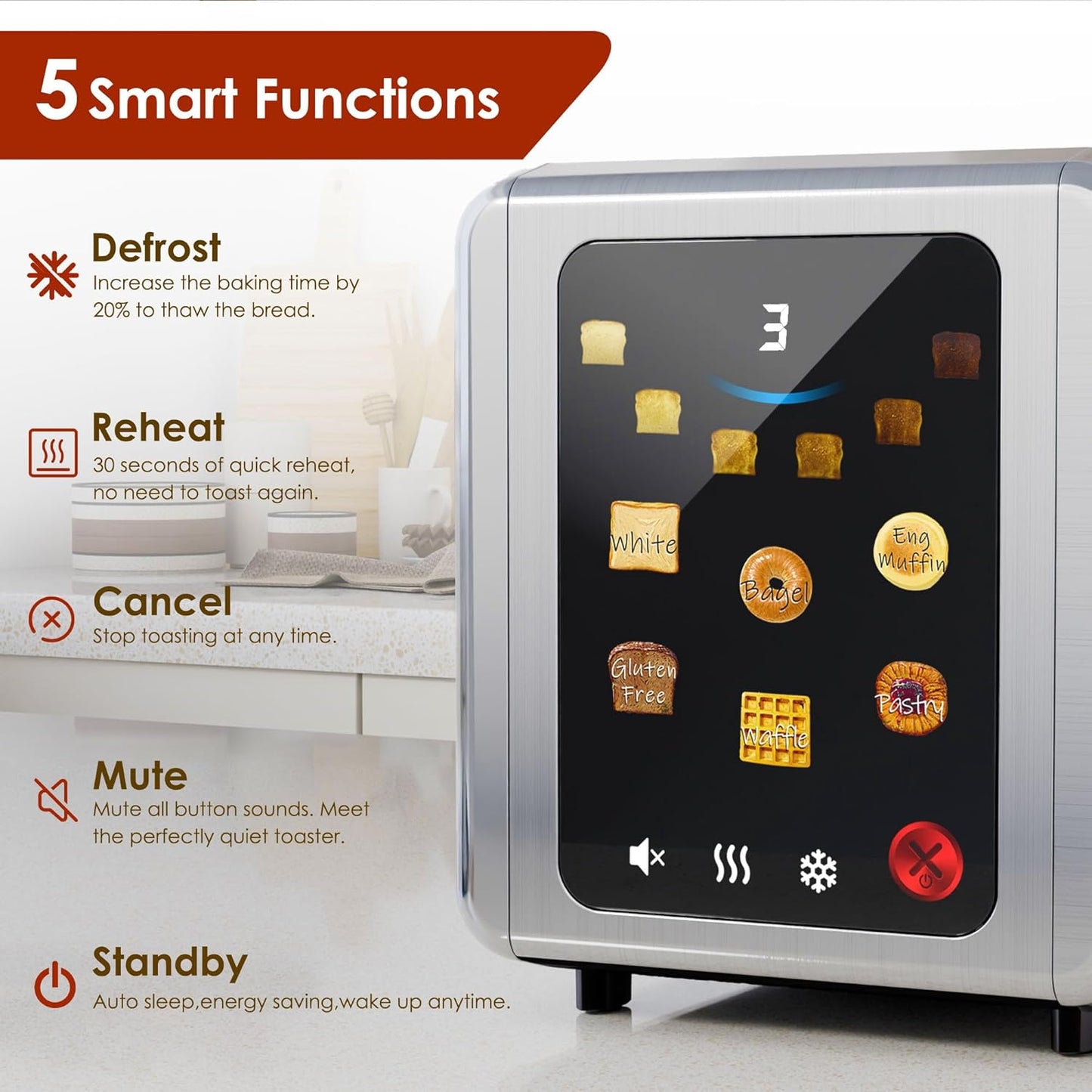 WHALL Touch Screen Toaster - 2 Slice Stainless Steel with Digital Timer & 6 Shade Settings | Extra Wide Slot, Silver