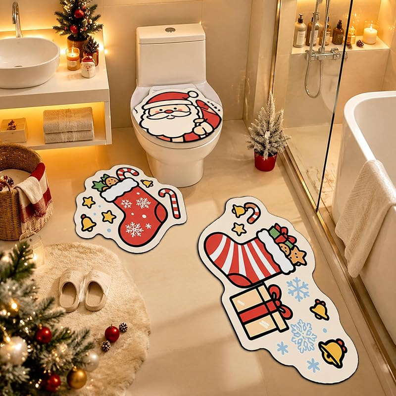 Dfl YE 3 Piece Novelty Christmas Bathroom Rug Set - Non-Slip Absorbent Bath Mats (Variation D)