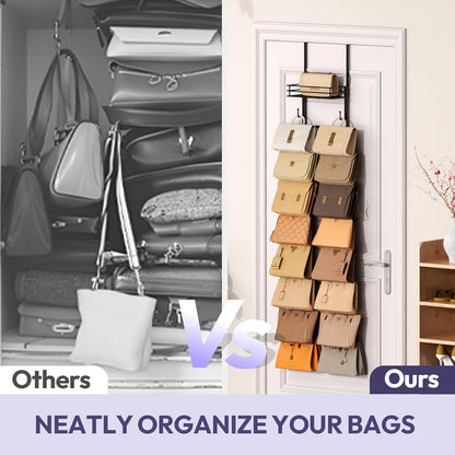 SWTYMIKI Over The Door Purse Organizer - Wall-Mounted Handbag Storage Rack with 16 Hooks & Metal Basket