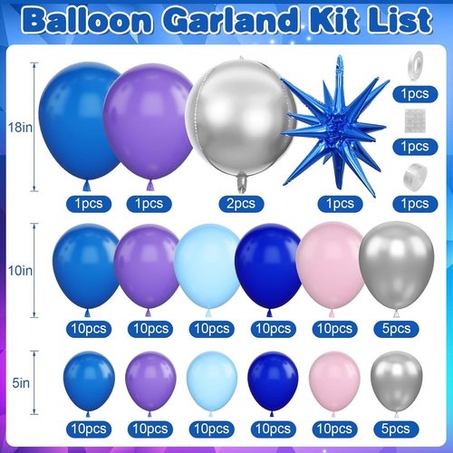 Blue Purple Silver Balloon Arch Garland Kit - Star Foil & 4D Round Balloons for Hawaii Theme Baby Shower