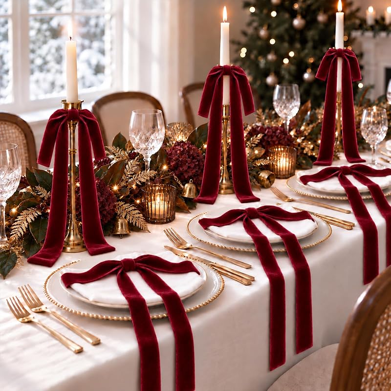6Pcs Long Burgundy Velvet Christmas Bows Ornaments - 15 x 24 in, Pre-Stringed