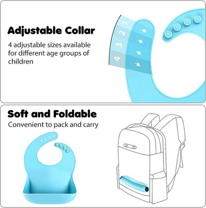 Eascrozn Silicone Bibs - Set of 3 BPA-Free, Soft & Adjustable Waterproof Feeding Bibs for Toddlers