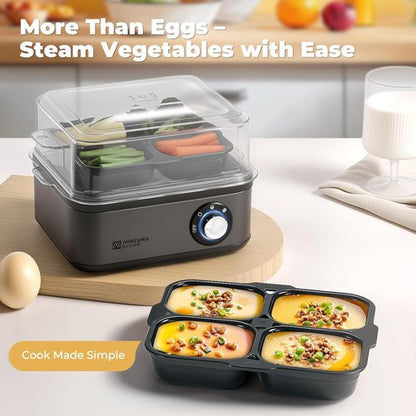 Annie & Mia Design Stainless Steel Electric Egg Cooker - 8 Egg Capacity, Auto Shut-Off, Recipe Guide (Black)