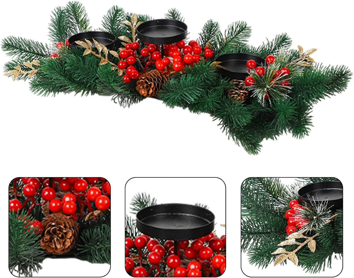 MorTime Christmas Centerpiece - 3 Candle Holders with Red Berries & Pine Cones | Indoor Holiday Table Decor