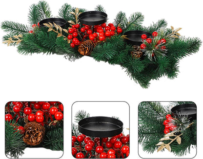 MorTime Christmas Centerpiece - 3 Candle Holders with Red Berries & Pine Cones | Indoor Holiday Table Decor