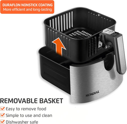 Mondial Air Fryer - Digital 5.3QT Capacity with High Power & Elegant Stainless Steel Finish - Black/Inox
