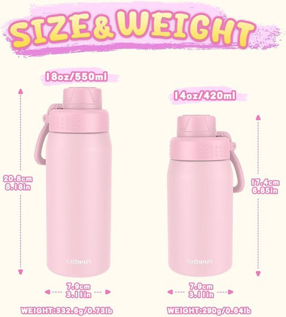 GOPPUS 15oz Stainless Steel Kids Water Bottle - Leakproof & Insulated | BPA-Free, Pink