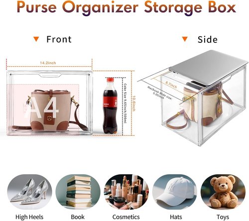 Clear Acrylic Purse Organizer by [Brand Name] - 5-Pack Stackable Storage Bins with Magnetic Doors | Ideal for Handbags, Heels & Collectibles