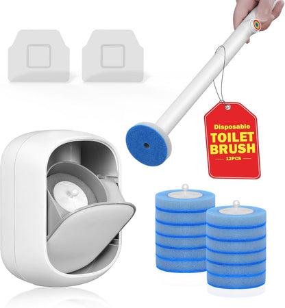 Skiennix Disposable Toilet Cleaner Wand Set - Wall Mounted Brush Kit with 12 Refill Heads | Hygienic Bathroom System