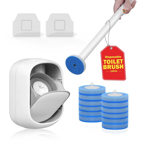 Disposable Toilet Cleaner Wand and Holder Set, Wall Mounted Toilet Bowl Brush Kit with 12 Refill Heads, Hygienic Toilet Cleaning System for Bathroom and RV