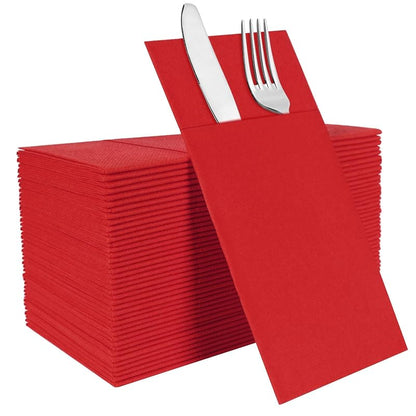 Disposable Linen-Feel Napkins with Built-In Flatware Pocket, Red 50 Count