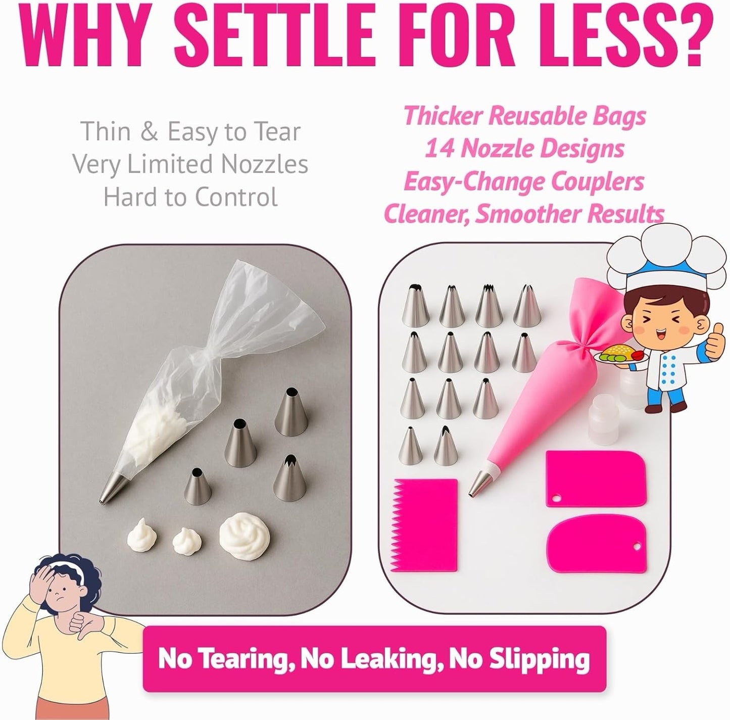 Skiennix Piping Bags and Tips Set - 21-Piece Reusable Cake Decorating Kit with 14 Stainless Steel Nozzles, 2 Silicone Bags & 3 Scrapers