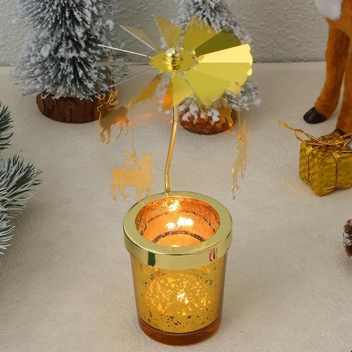 Holibanna Rotating Candlestick | Christmas Carousel Tea Light Holder - Gold, 2PCS Snowflake Design