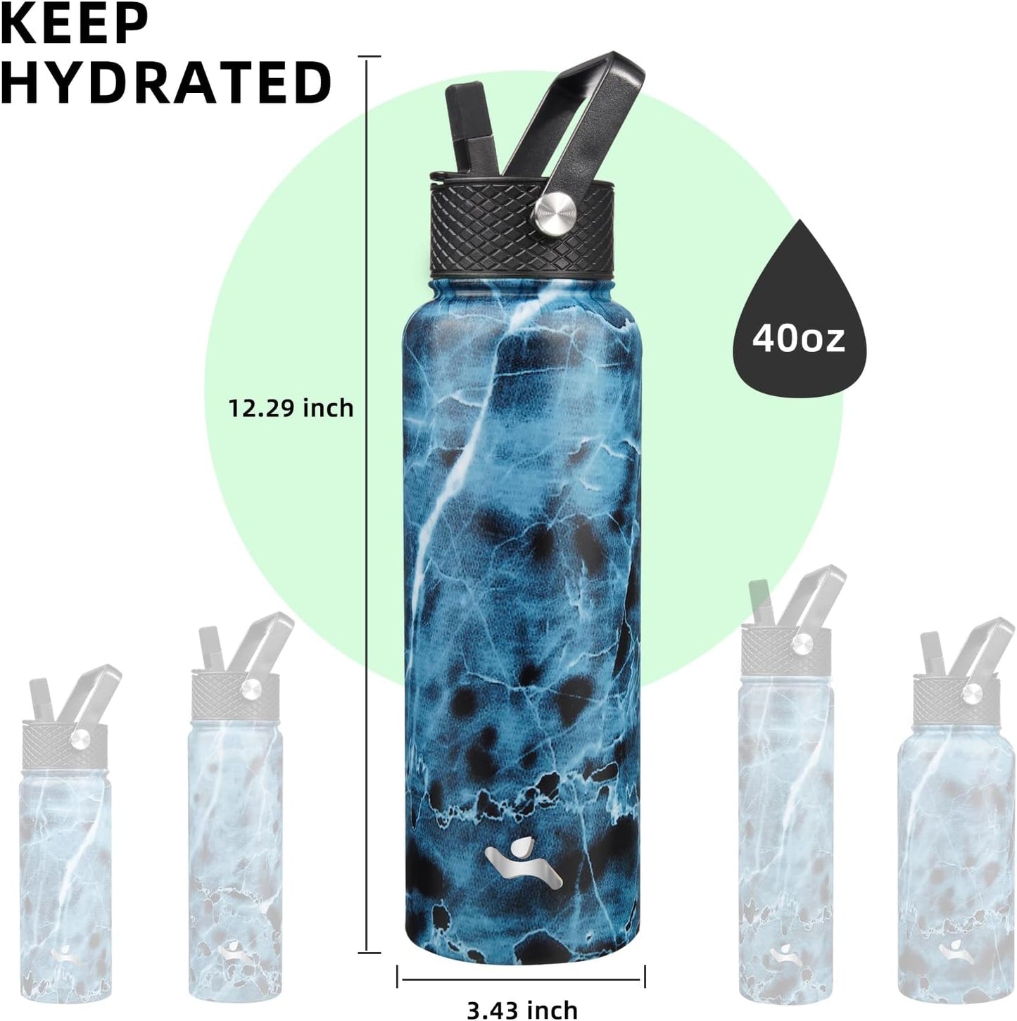 Skiennix 40oz Insulated Stainless Steel Water Bottle - Marble Ocean Finish with 3 Lids