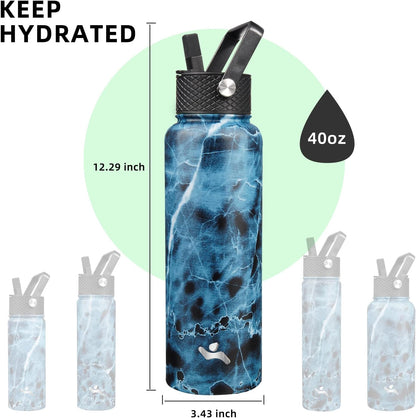 Skiennix 40oz Insulated Stainless Steel Water Bottle - Marble Ocean Finish with 3 Lids