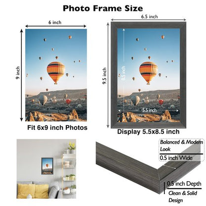 JCJMY 6x9 Picture Frame Silver Gray for Wall Hanging or Tabletop, Wall Mounting Horizontally or Vertically, 6 x 9 Wall Gallery Poster Photo Frame with Shatter Resistant Plexiglass, Silver Gray