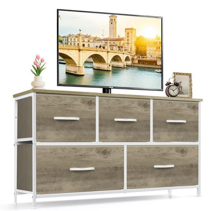 5-Drawer Dresser for Bedroom, Anti-Tip Wide Storage Organizer Fabric Chest of Drawers TV Stand for 45" TV with Wooden Top and Metal Frame for Closet, Living Room, Hallway, Entryway, Greige Oak