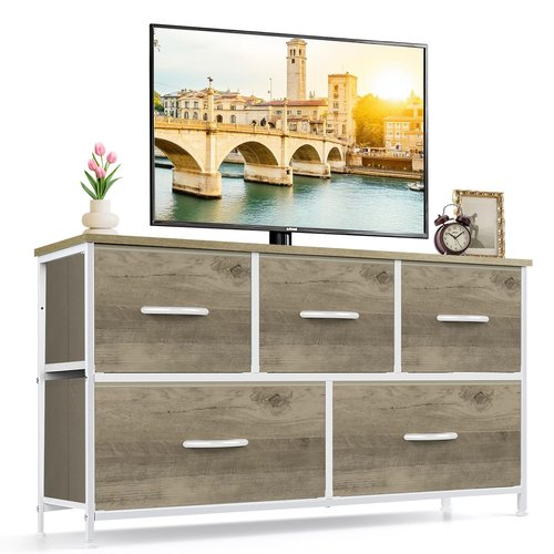 5-Drawer Dresser for Bedroom, Anti-Tip Wide Storage Organizer Fabric Chest of Drawers TV Stand for 45" TV with Wooden Top and Metal Frame for Closet, Living Room, Hallway, Entryway, Greige Oak