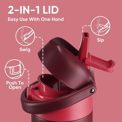 Insulated Water Bottle by [Brand Name] | 18 oz Stainless Steel, 2-in-1 Straw & Push-Button Lid - Keeps Drinks Cold for 24 Hours, BPA-Free, Leak-Proof, Perfect for Sports & Travel, Red