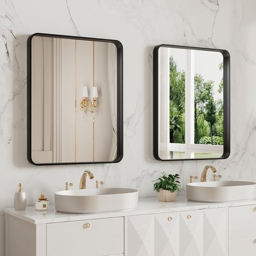 LOAAO Black Metal Framed Bathroom Mirror - Large Rounded Rectangle, Anti-Rust, 20x16 Inch, Matte Finish