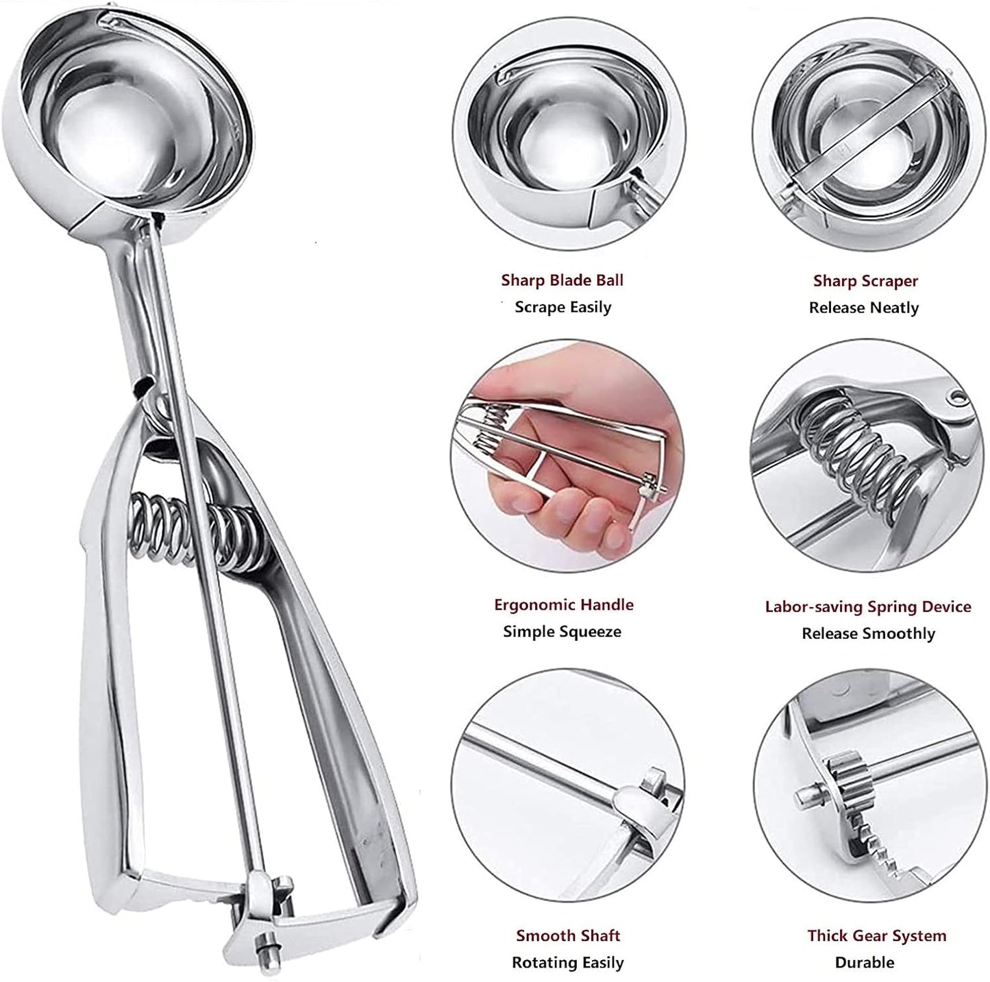 Skiennix Ice Cream Scoop Set - 3Pcs Stainless Steel Cookie Scoopers with Trigger Release | Large, Medium, Small
