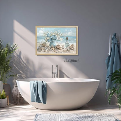 LLEEMPI Coastal Beach Wall Art - Seashell & Starfish Canvas Print | 12x16 Inch Framed Ocean Decor