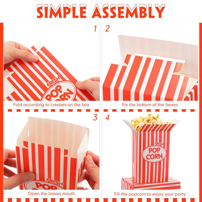 Xinnun 300 Pcs Disposable Popcorn Boxes - Oil Proof, Leak Proof, 1 oz Striped Containers | 6 x 4 x 2 Inch Red for Parties & Movie Nights
