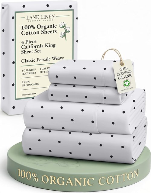 LANE LINEN California King Sheets Set - 100% Organic Cotton, Naturally Cooling, Deep Pocket, Polka Dot Design