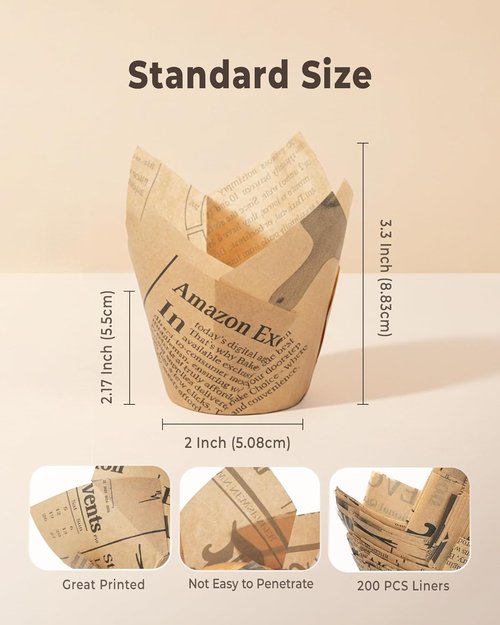 Bake Choice Tulip Cupcake Liners - 200 Pcs Grease Resistant Baking Cups | Newspaper Print Design