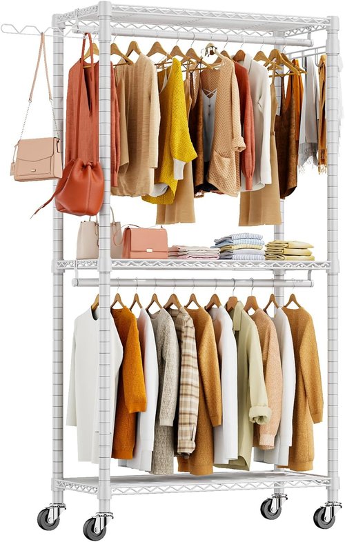 HYSEYY Portable Closet - Heavy Duty Adjustable Garment Rack with 4 Rods & Shelves | 73.6" L x 17.3" W x 76.4" H (White)