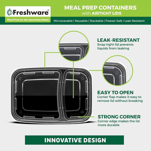 Freshware Meal Prep Containers - 50 Count 2-Compartment Food Storage Bento Boxes | BPA-Free, Stackable, 28 oz