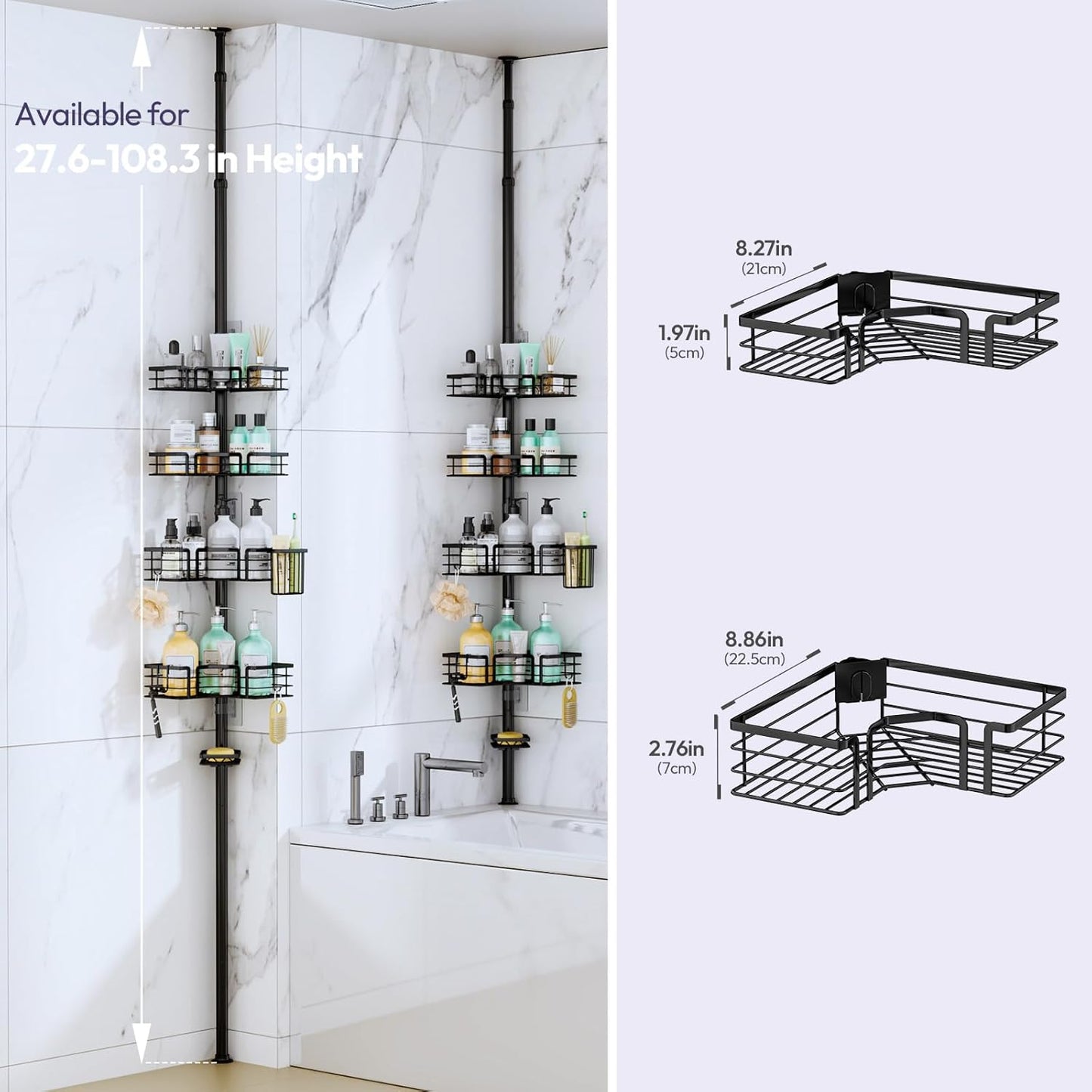 SWTYMIKI Shower Caddy Tension Pole - 4-Tier Adjustable Bathroom Organizer with Soap & Toothbrush Holders | Black 27.6-108.3 Inch