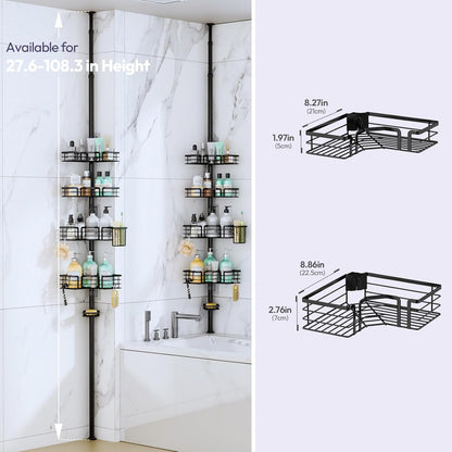 SWTYMIKI Shower Caddy Tension Pole - 4-Tier Adjustable Bathroom Organizer with Soap & Toothbrush Holders | Black 27.6-108.3 Inch