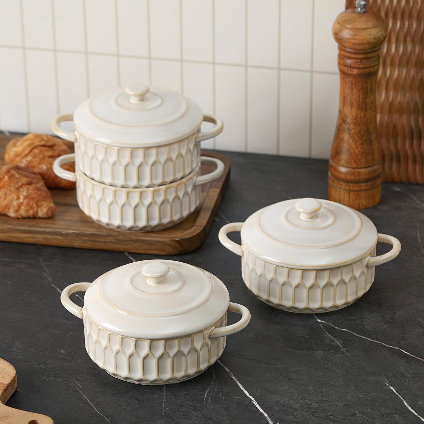Mini Cocotte Set | 14 OZ Ceramic Casserole Dishes with Lids - Set of 4, Beige, Oven & Microwave Safe