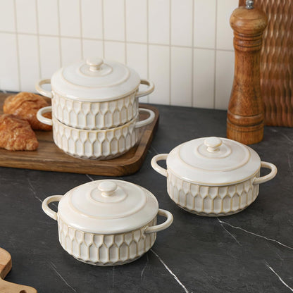 Mini Cocotte Set | 14 OZ Ceramic Casserole Dishes with Lids - Set of 4, Beige, Oven & Microwave Safe