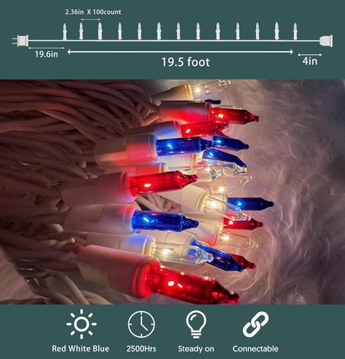HISHINY Mini String Lights - 100 Count Red, White & Blue Patriotic Decorations | 21 Feet for Indoor/Outdoor Use