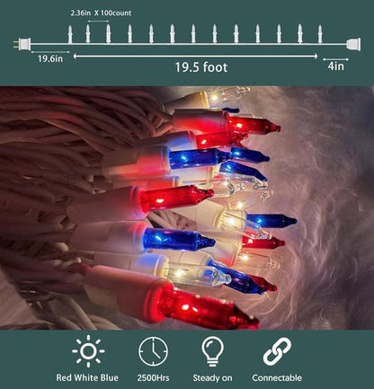 HISHINY Mini String Lights - 100 Count Red, White & Blue Patriotic Decorations | 21 Feet for Indoor/Outdoor Use