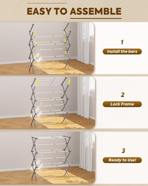 KINGBOARD Collapsible Clothes Drying Rack - 3-Tier Design with 11 Poles | Foldable & Lightweight, 25lb Capacity, White & Grey